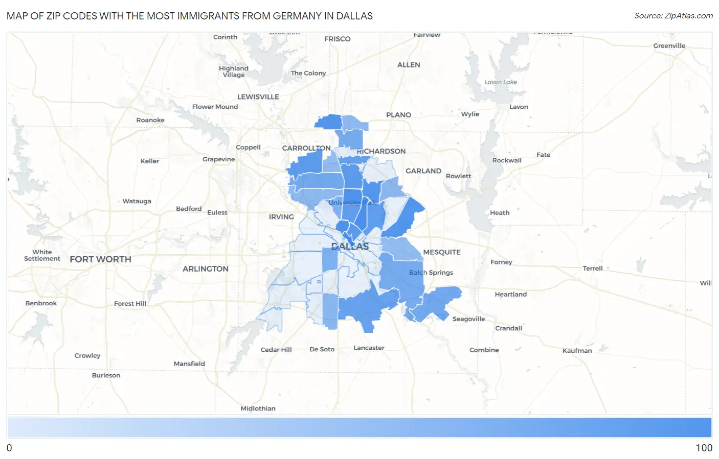 Zip Codes with the Most Immigrants from Germany in Dallas Map