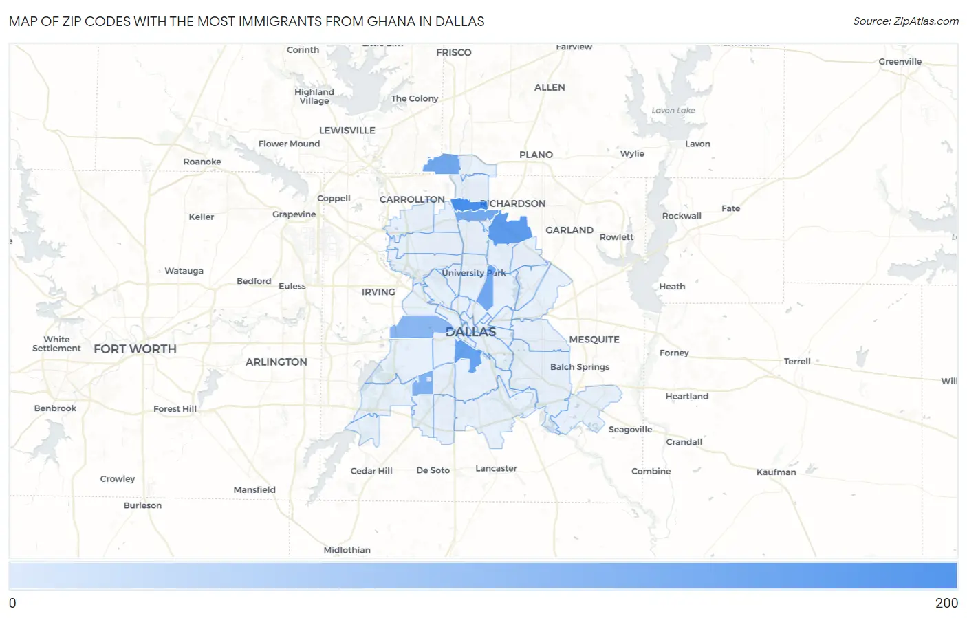 Zip Codes with the Most Immigrants from Ghana in Dallas Map