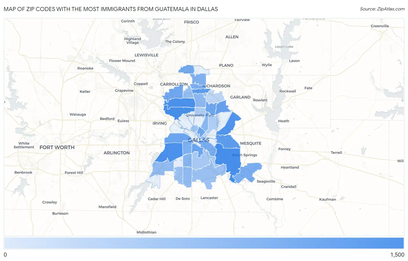 Zip Codes with the Most Immigrants from Guatemala in Dallas Map