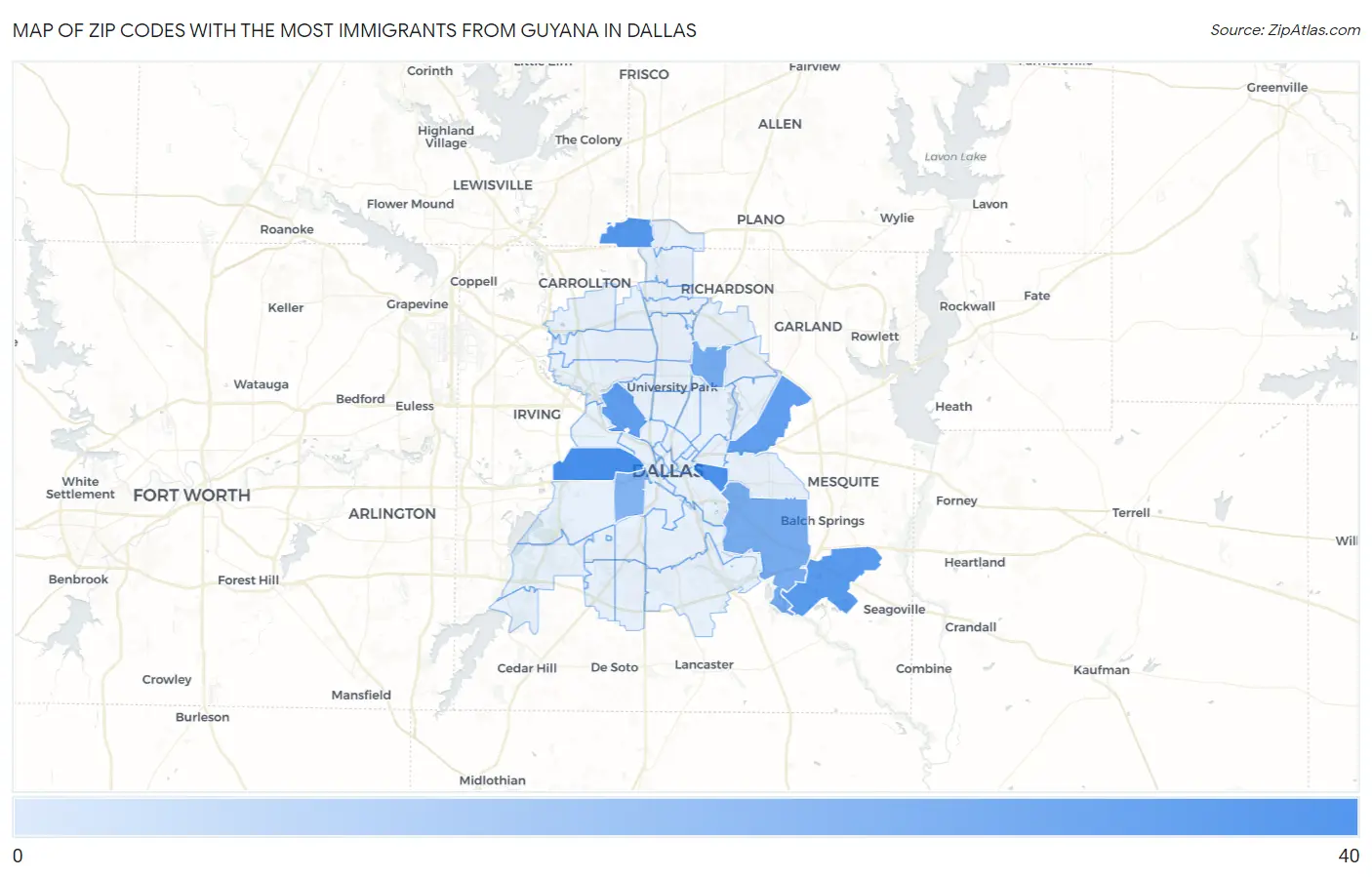Zip Codes with the Most Immigrants from Guyana in Dallas Map