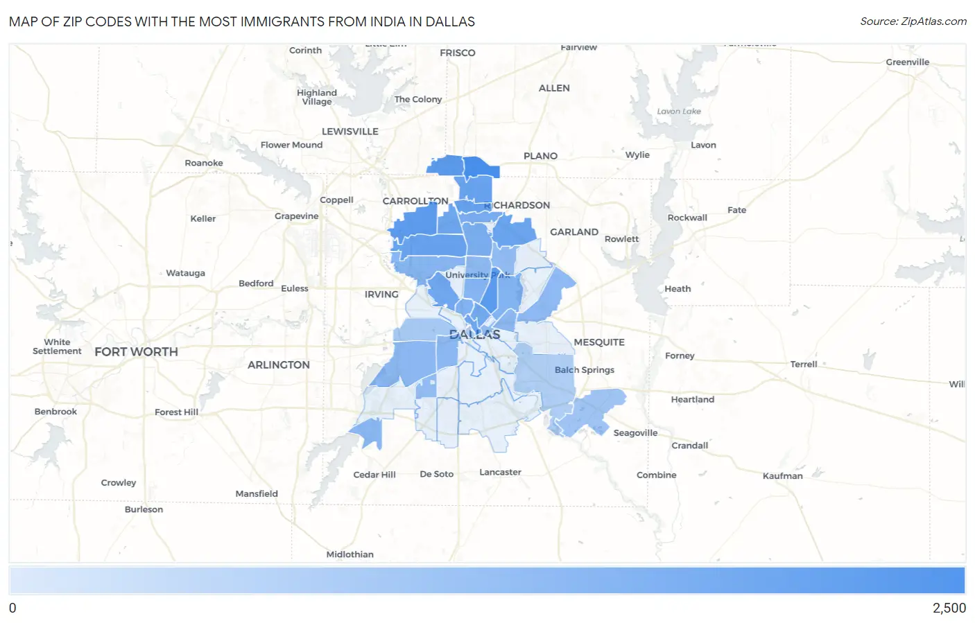 Zip Codes with the Most Immigrants from India in Dallas Map