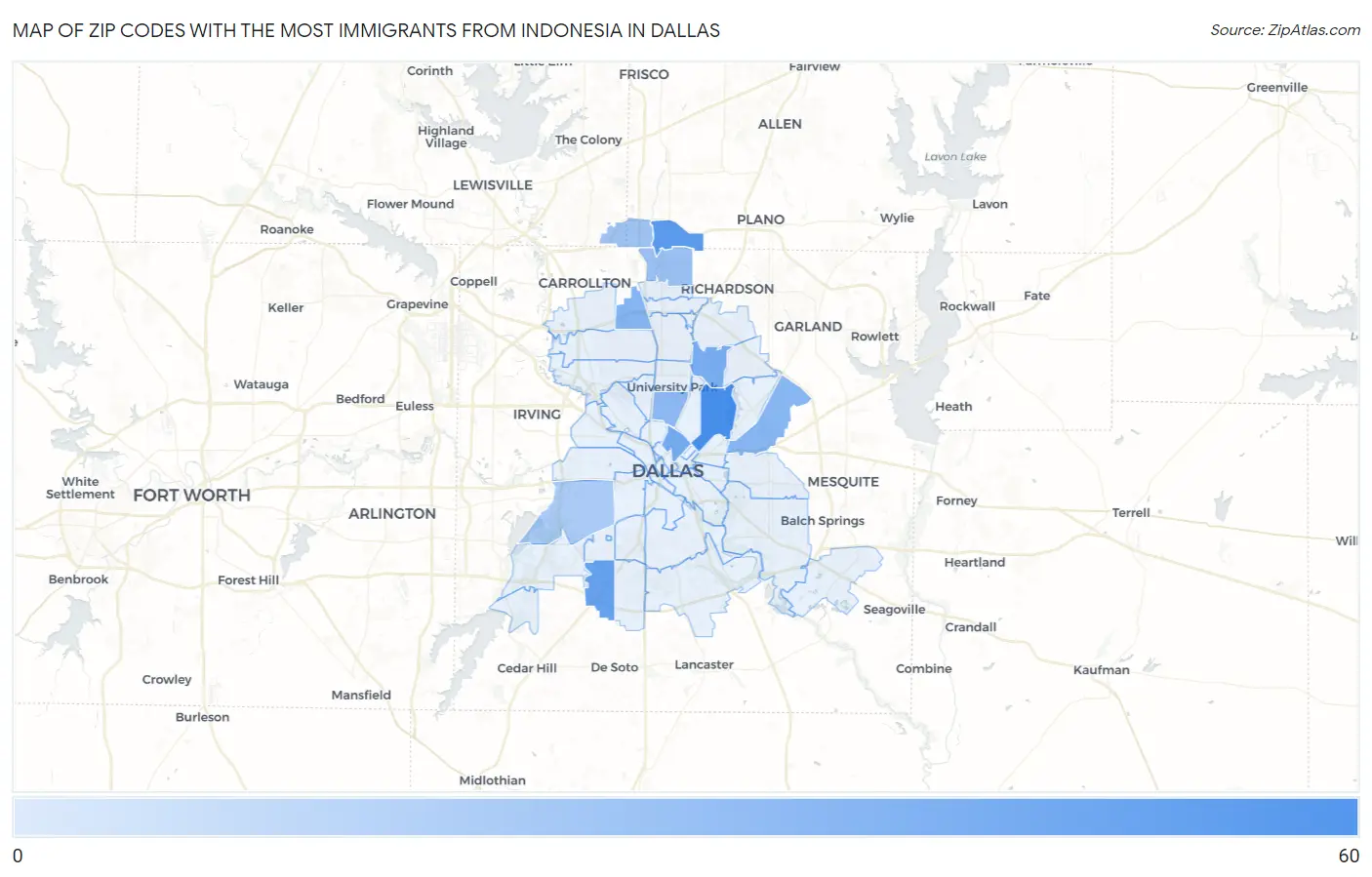Zip Codes with the Most Immigrants from Indonesia in Dallas Map