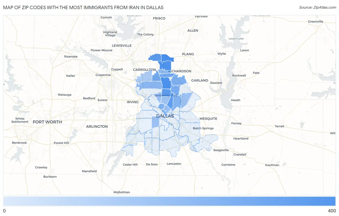 Zip Codes with the Most Immigrants from Iran in Dallas Map