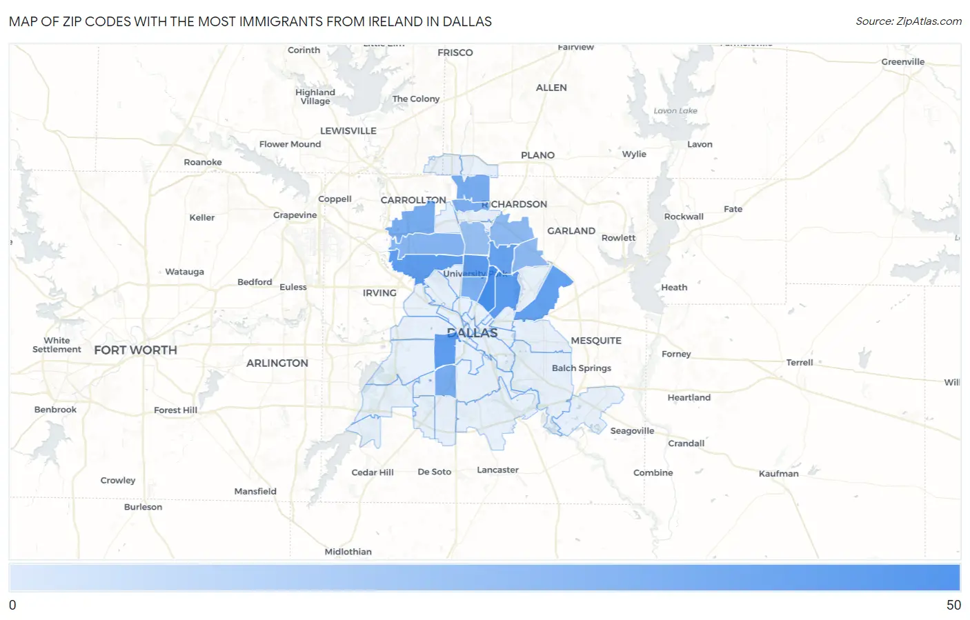 Zip Codes with the Most Immigrants from Ireland in Dallas Map