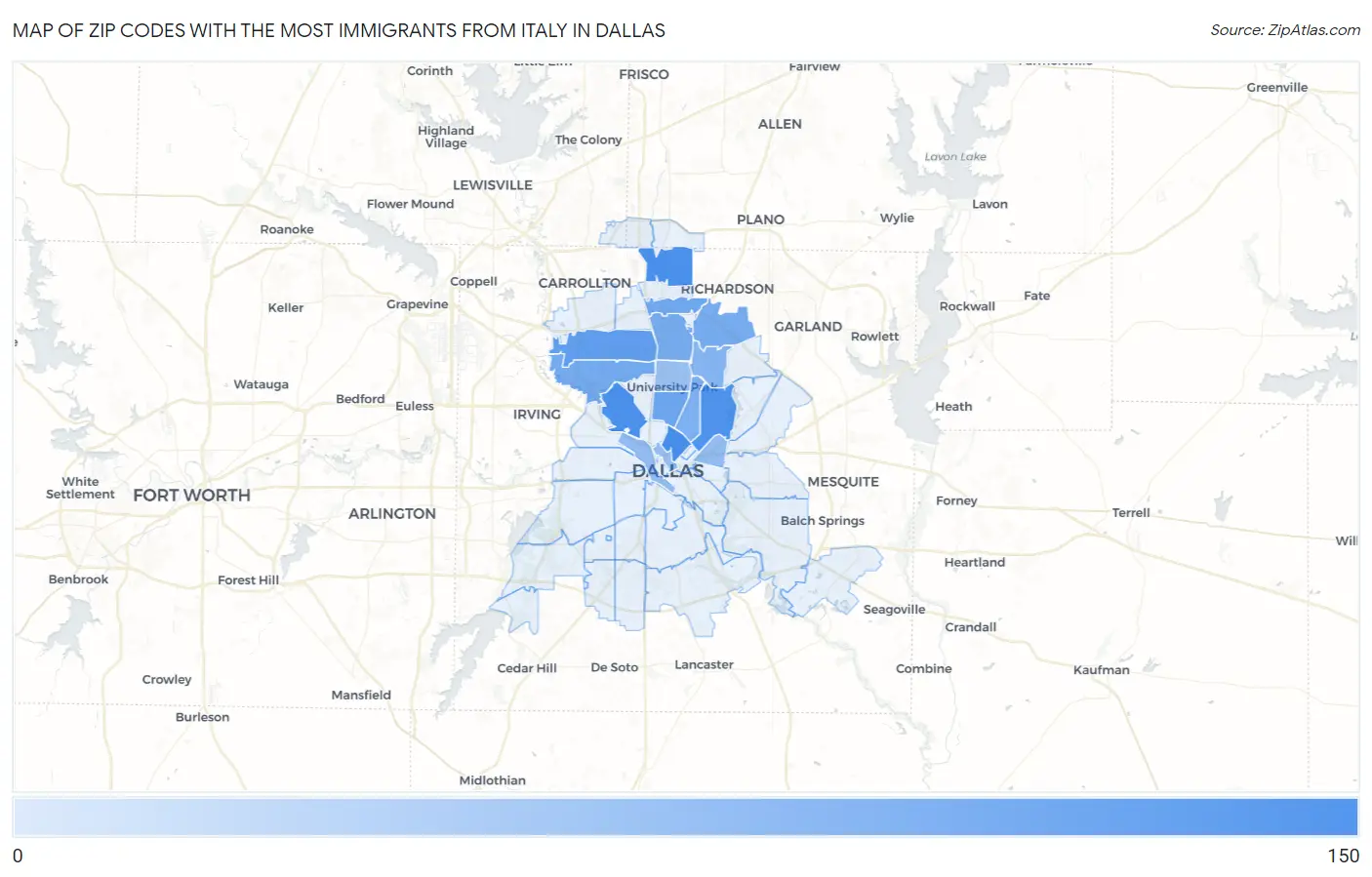 Zip Codes with the Most Immigrants from Italy in Dallas Map