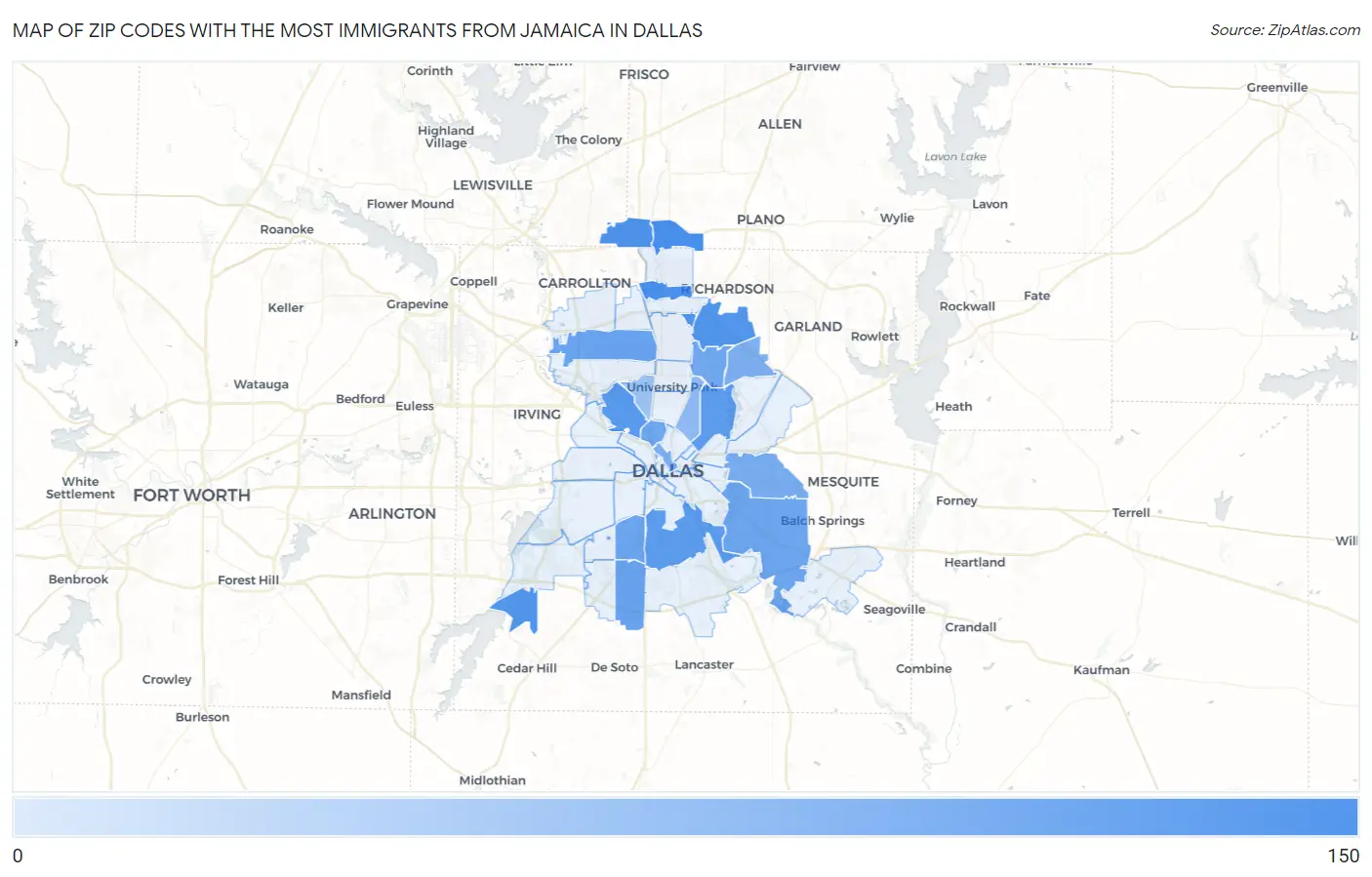 Zip Codes with the Most Immigrants from Jamaica in Dallas Map