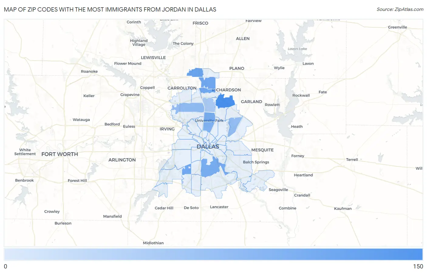 Zip Codes with the Most Immigrants from Jordan in Dallas Map