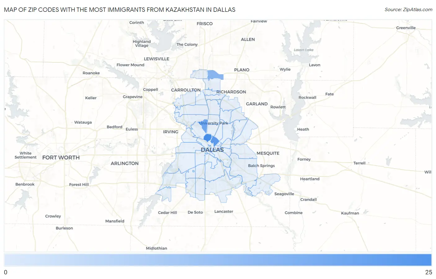 Zip Codes with the Most Immigrants from Kazakhstan in Dallas Map