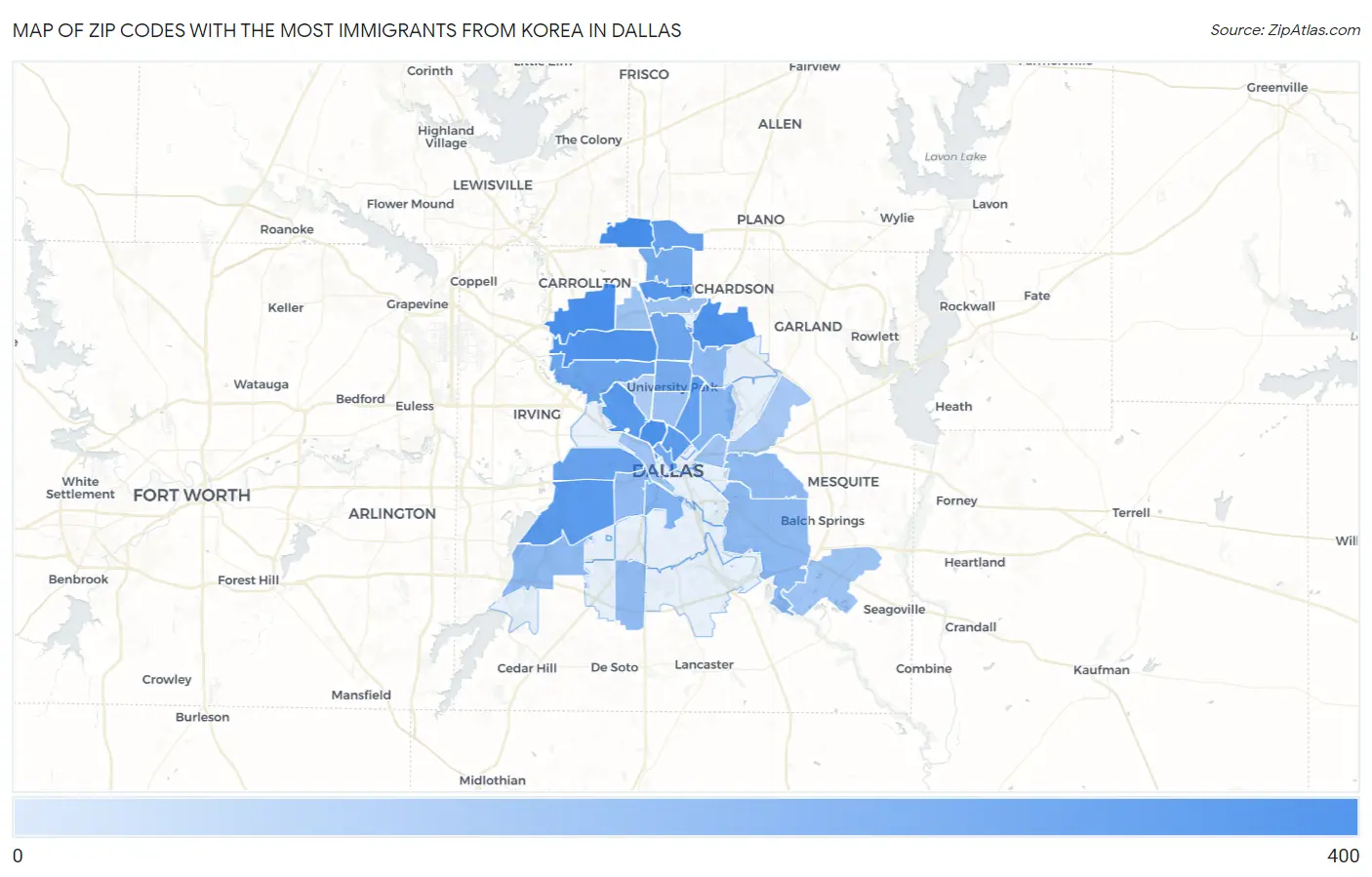 Zip Codes with the Most Immigrants from Korea in Dallas Map