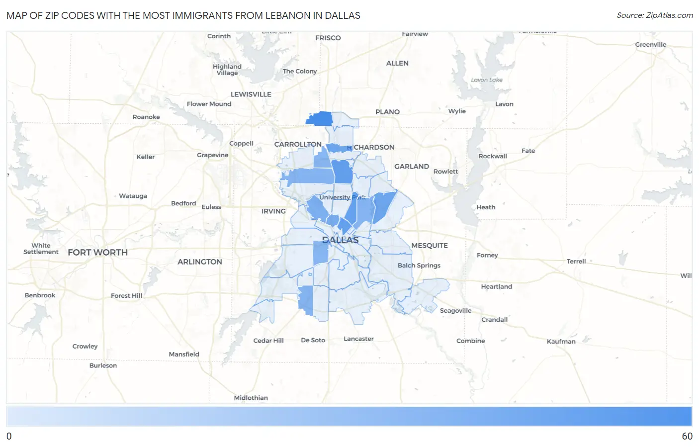 Zip Codes with the Most Immigrants from Lebanon in Dallas Map
