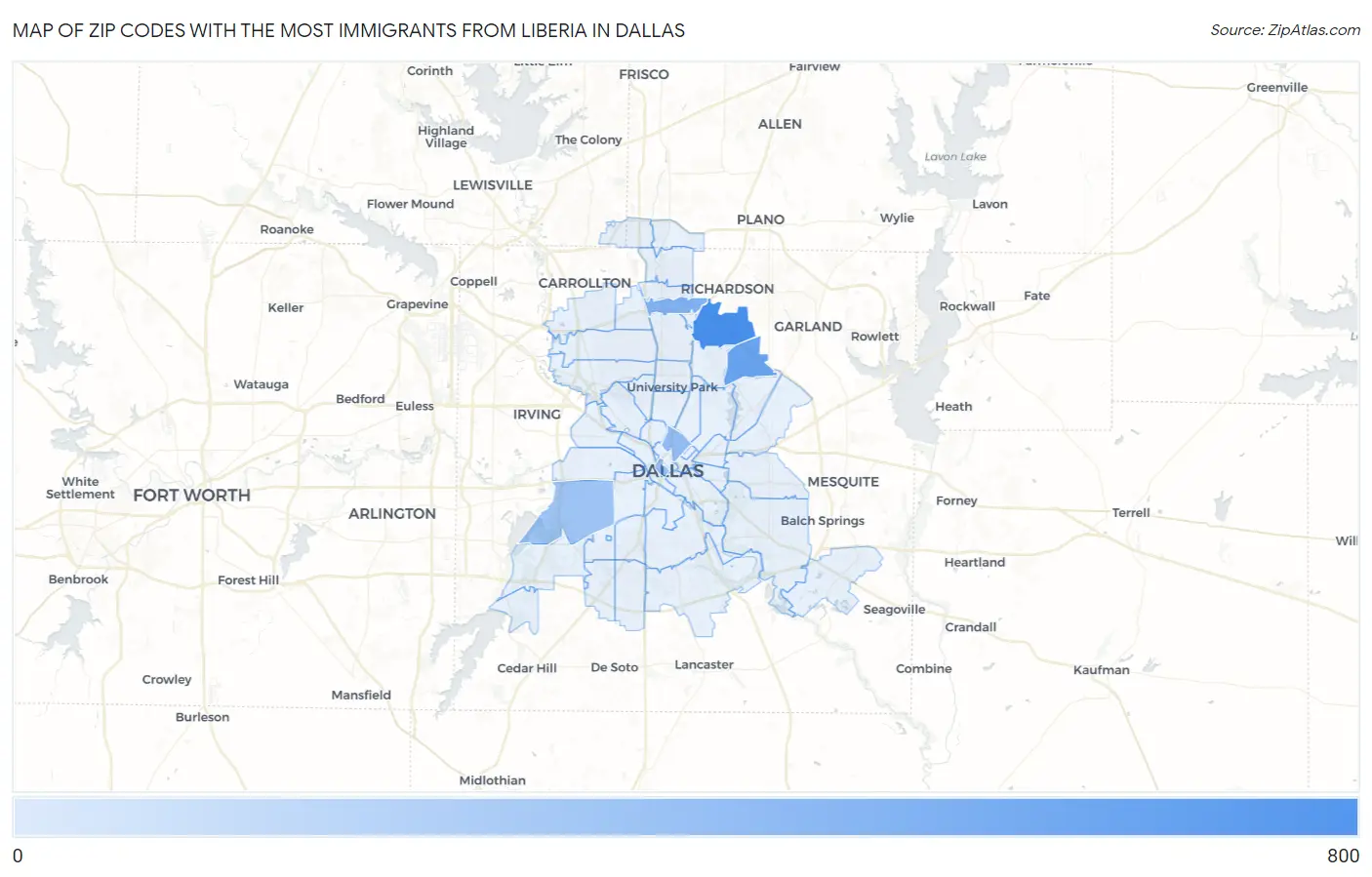 Zip Codes with the Most Immigrants from Liberia in Dallas Map