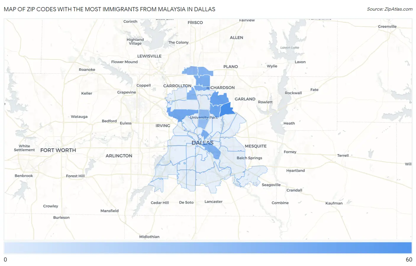 Zip Codes with the Most Immigrants from Malaysia in Dallas Map