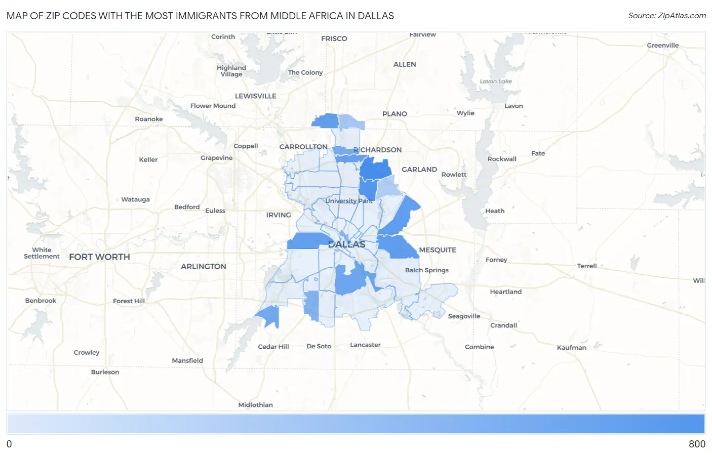 Zip Codes with the Most Immigrants from Middle Africa in Dallas Map