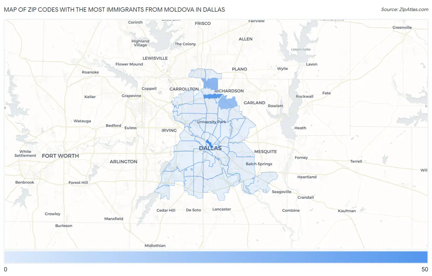 Zip Codes with the Most Immigrants from Moldova in Dallas Map