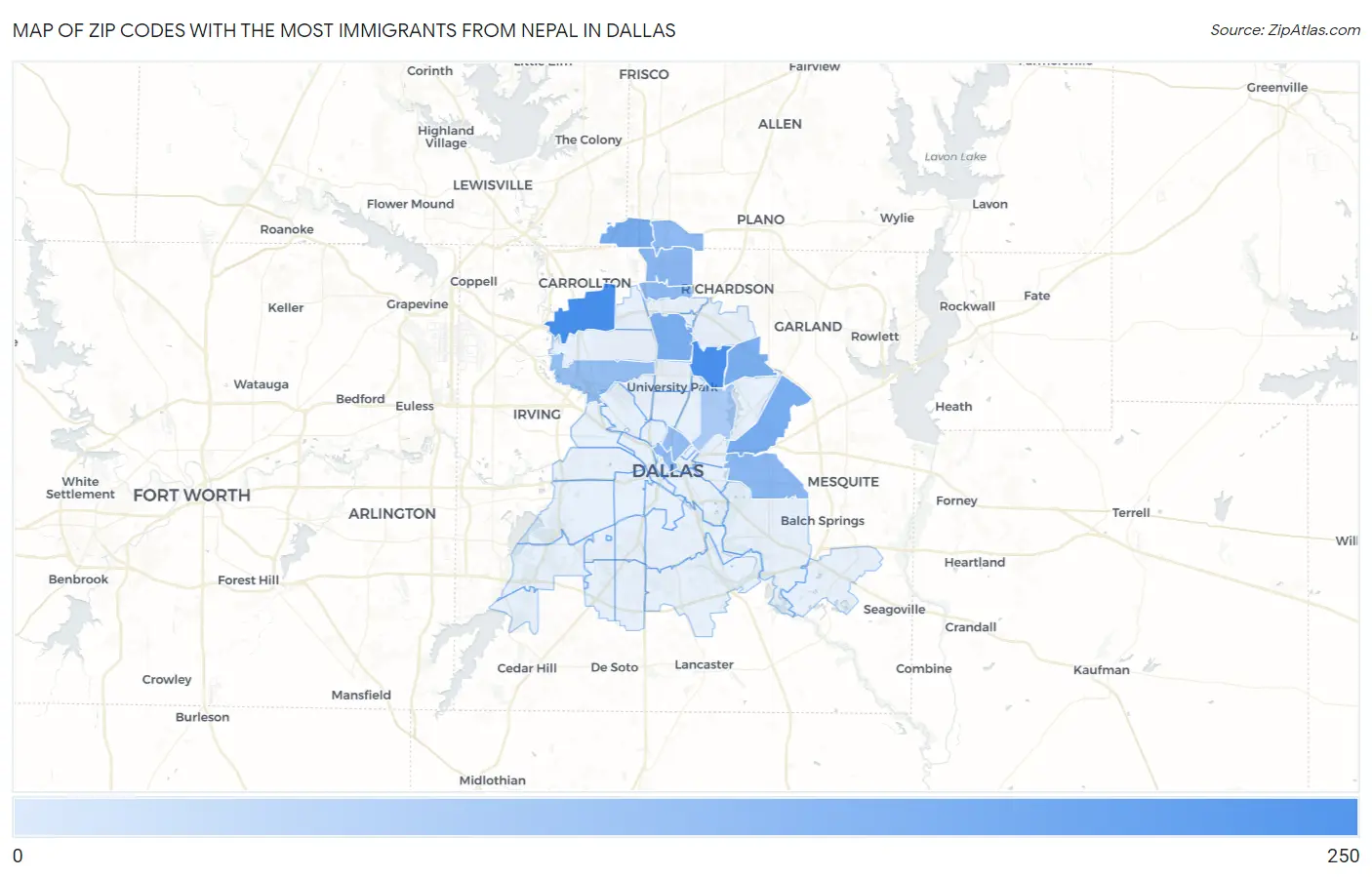 Zip Codes with the Most Immigrants from Nepal in Dallas Map