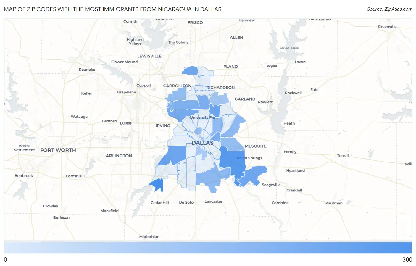 Zip Codes with the Most Immigrants from Nicaragua in Dallas Map