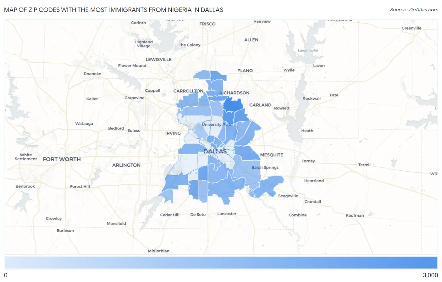Zip Codes with the Most Immigrants from Nigeria in Dallas Map