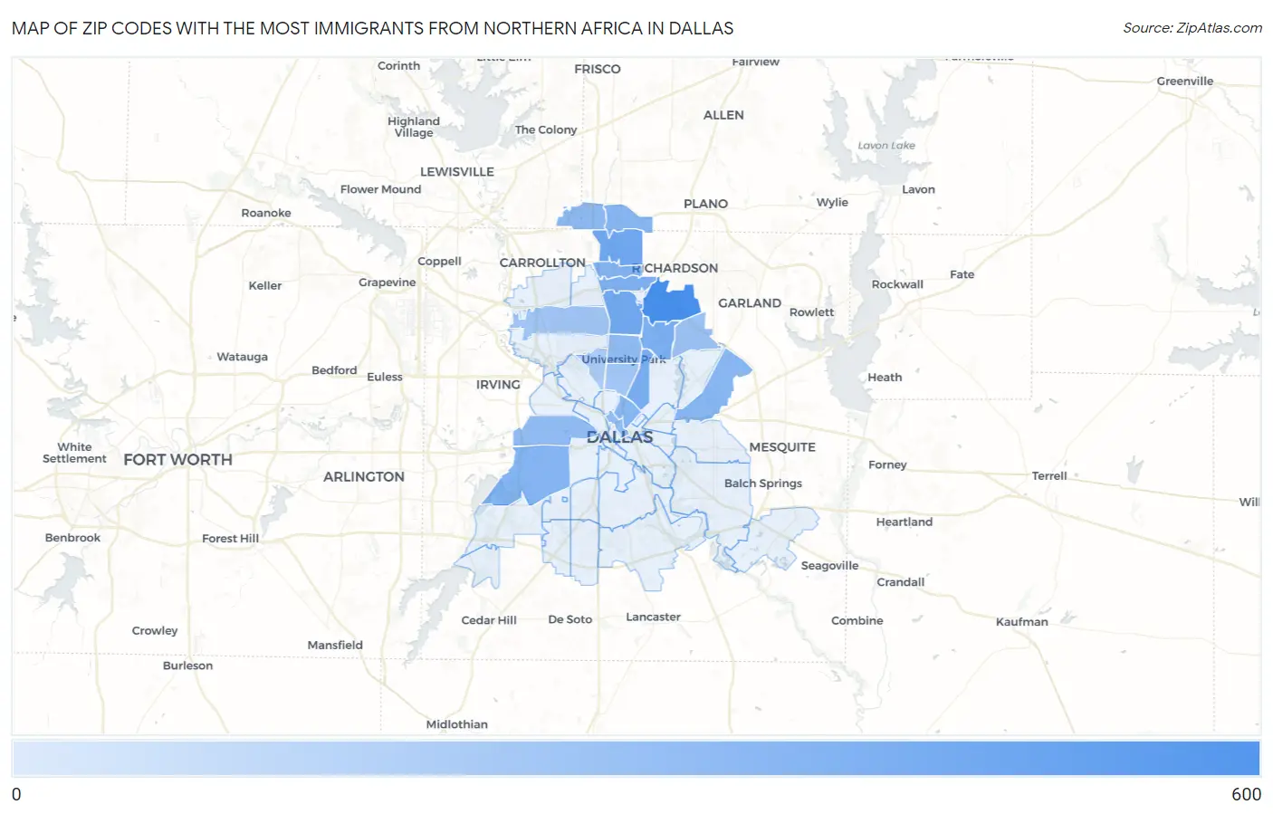 Zip Codes with the Most Immigrants from Northern Africa in Dallas Map