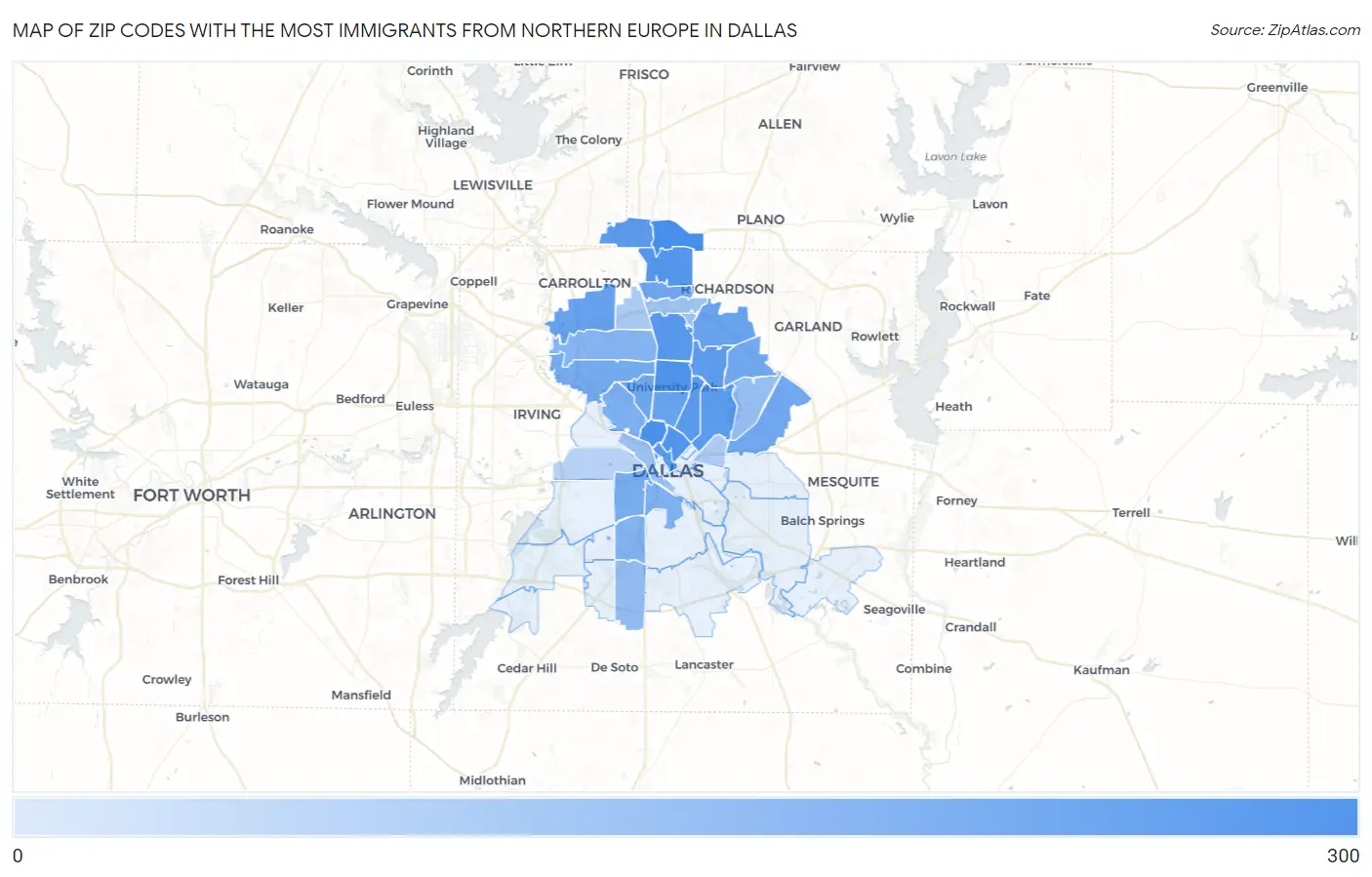 Zip Codes with the Most Immigrants from Northern Europe in Dallas Map