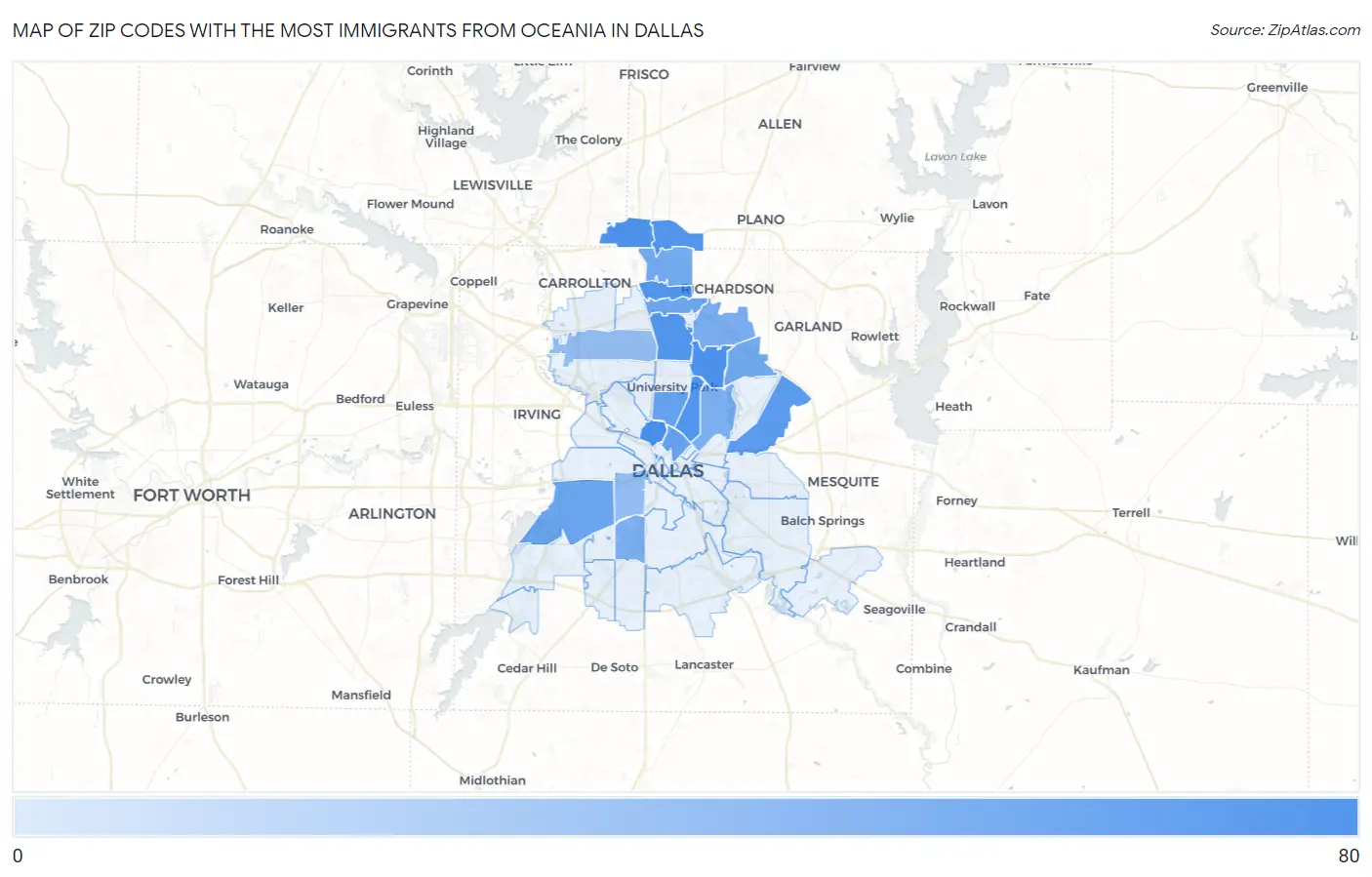 Zip Codes with the Most Immigrants from Oceania in Dallas Map