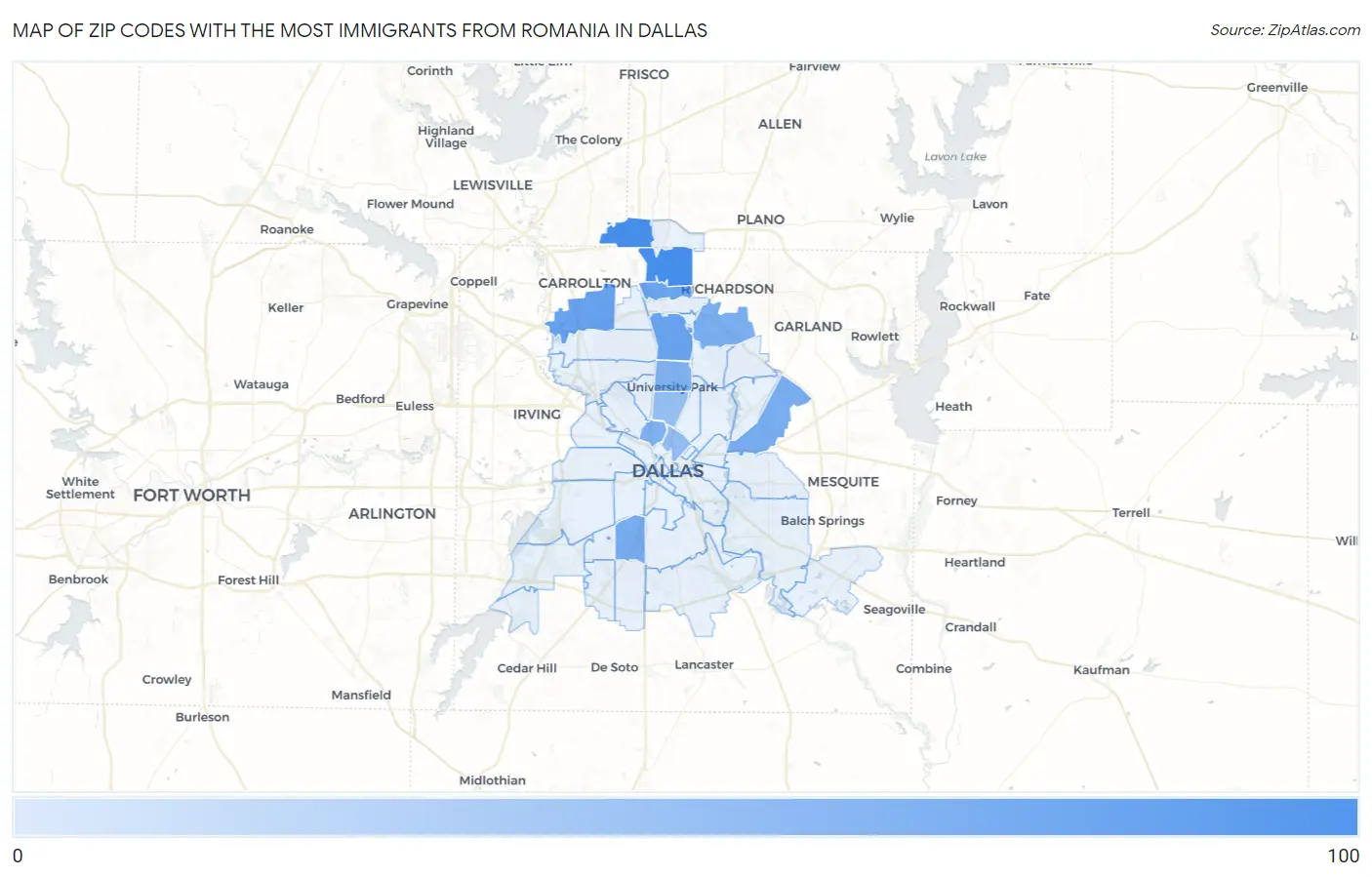 Zip Codes with the Most Immigrants from Romania in Dallas Map
