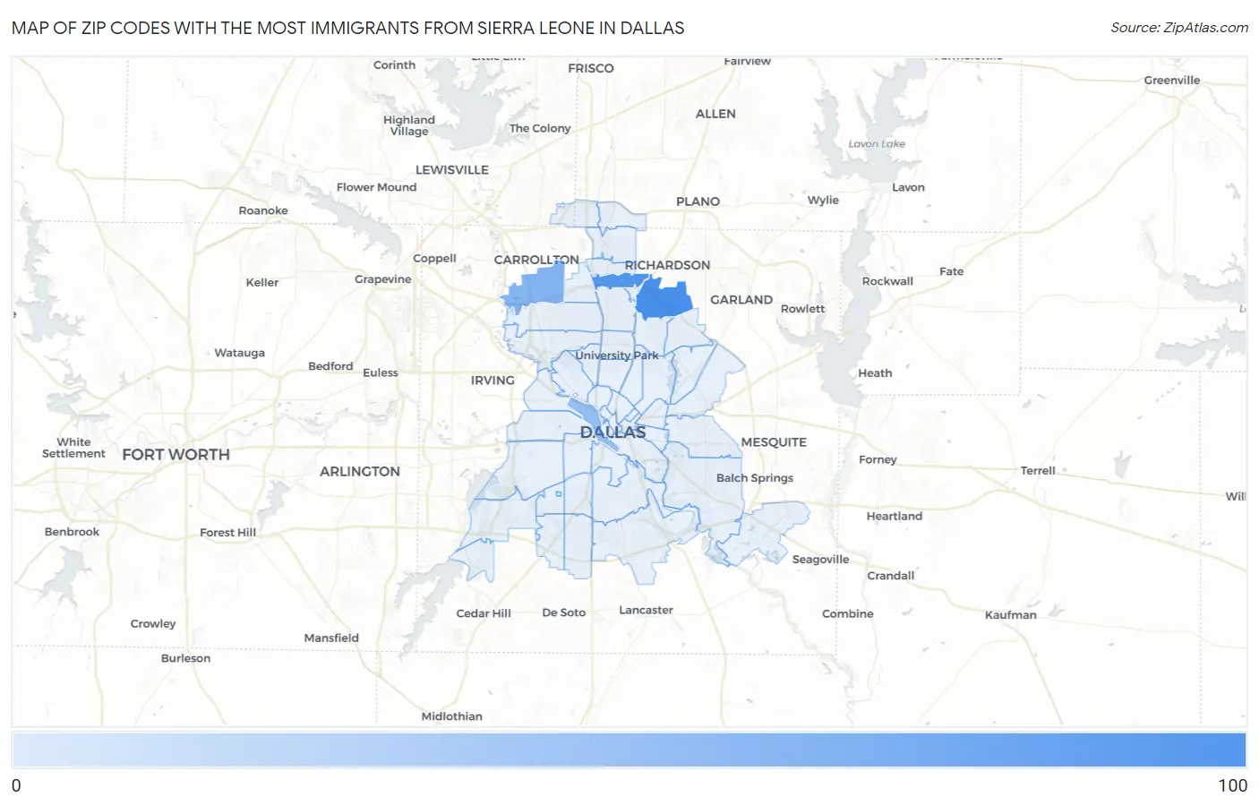 Zip Codes with the Most Immigrants from Sierra Leone in Dallas Map