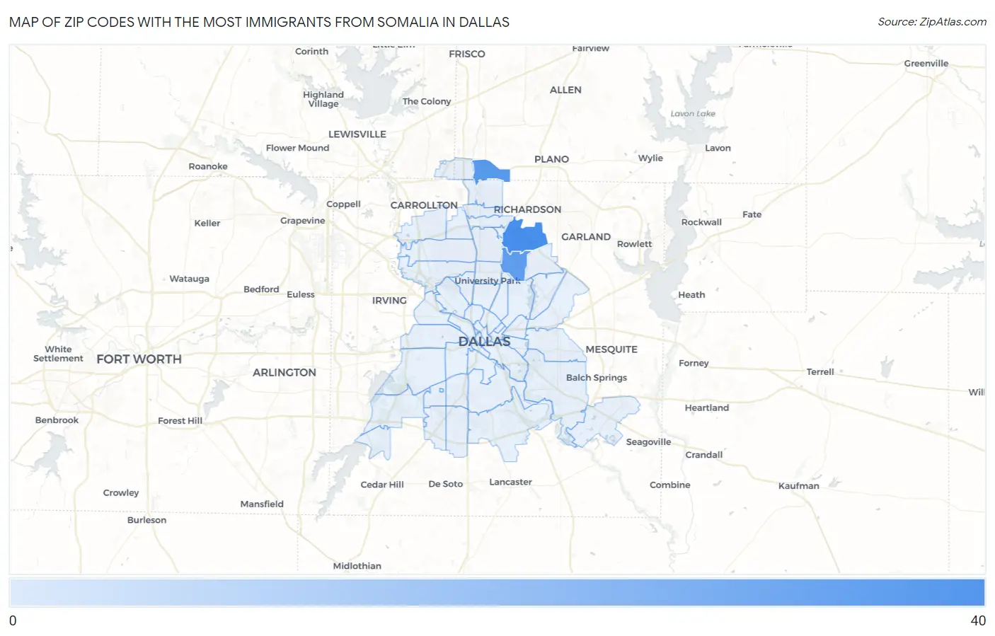 Zip Codes with the Most Immigrants from Somalia in Dallas Map