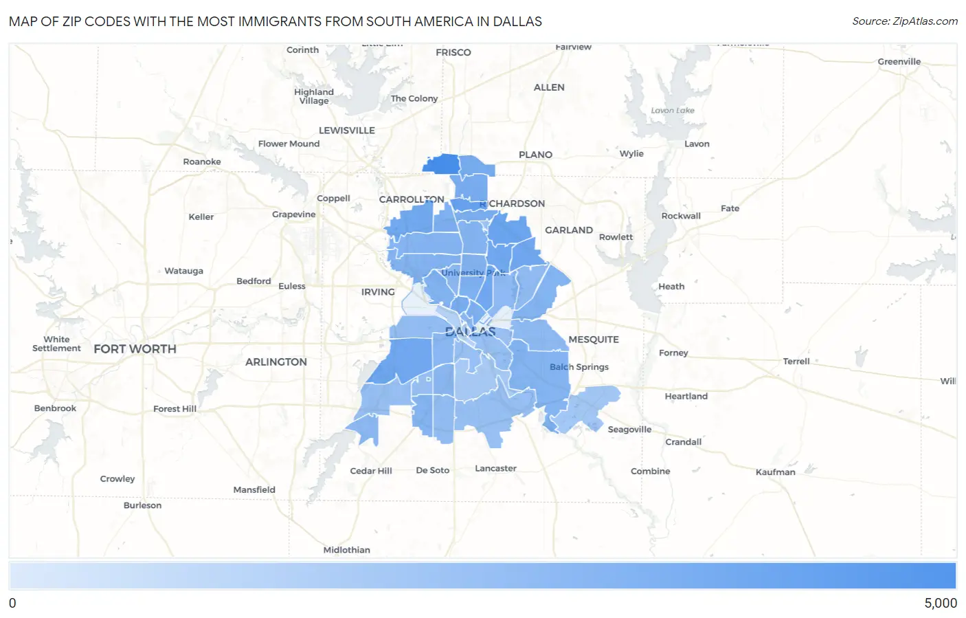 Zip Codes with the Most Immigrants from South America in Dallas Map