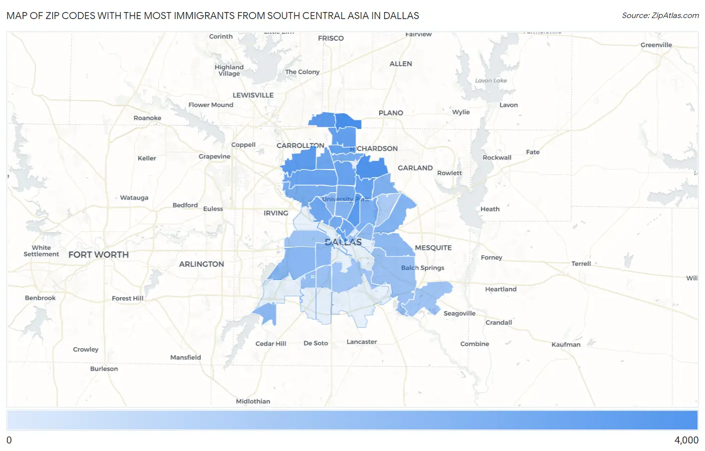 Zip Codes with the Most Immigrants from South Central Asia in Dallas Map