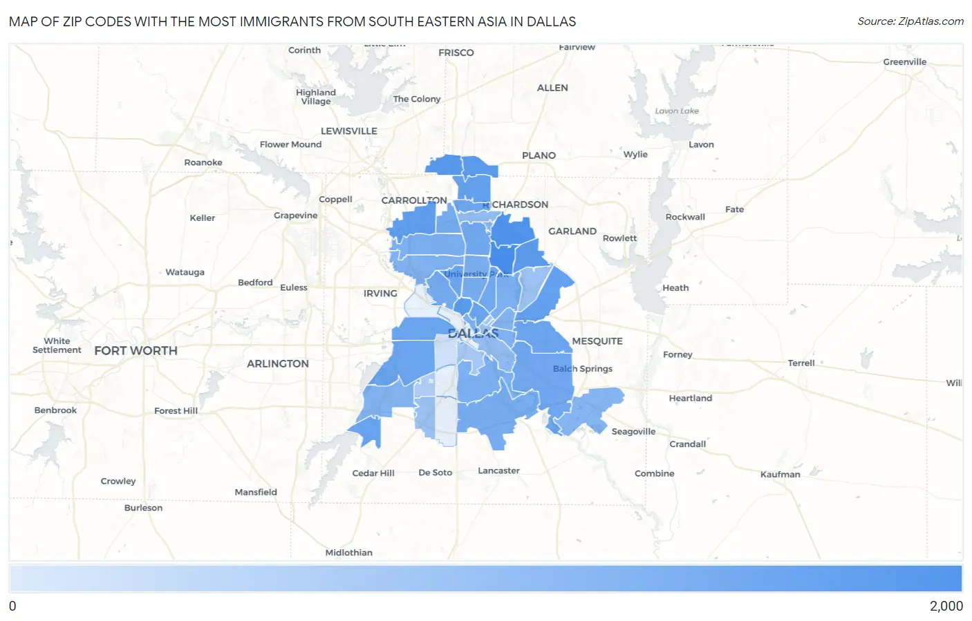 Zip Codes with the Most Immigrants from South Eastern Asia in Dallas Map