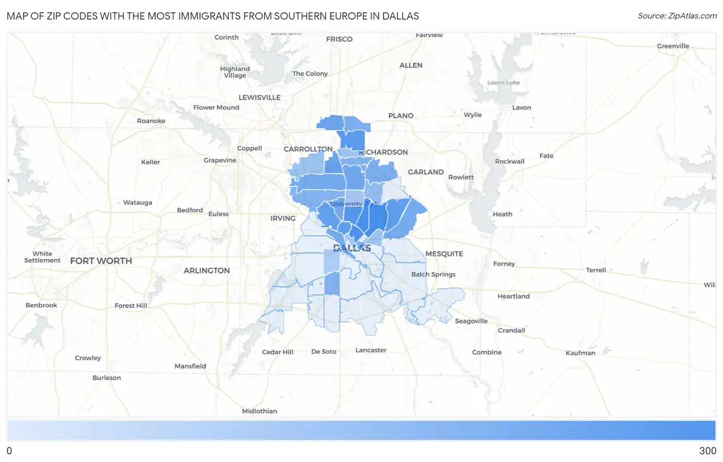 Zip Codes with the Most Immigrants from Southern Europe in Dallas Map