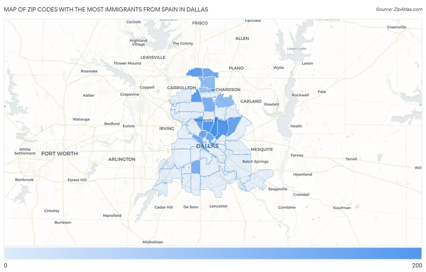 Zip Codes with the Most Immigrants from Spain in Dallas Map