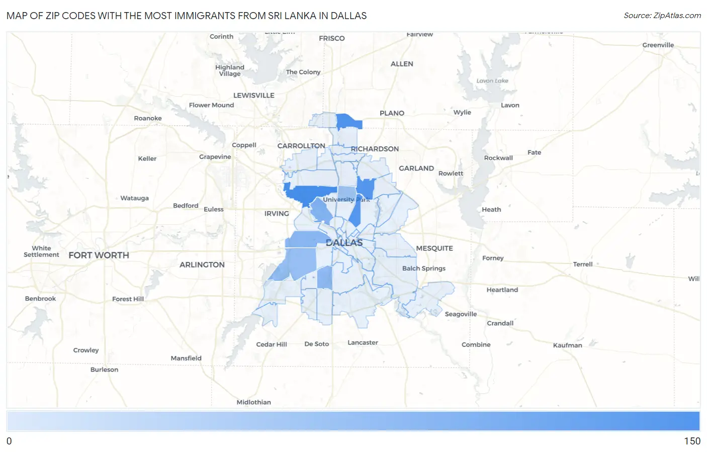 Zip Codes with the Most Immigrants from Sri Lanka in Dallas Map