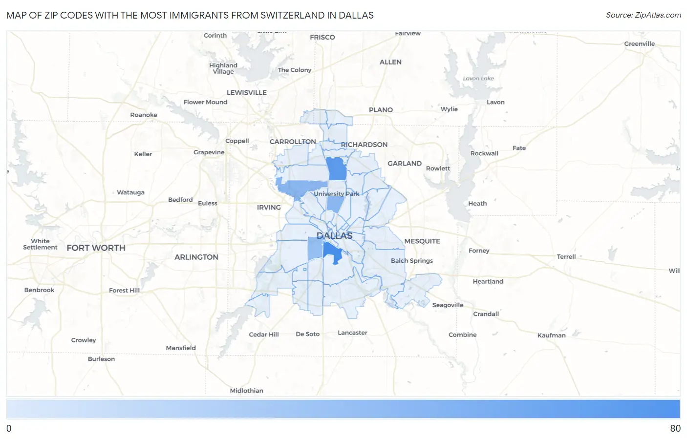 Zip Codes with the Most Immigrants from Switzerland in Dallas Map