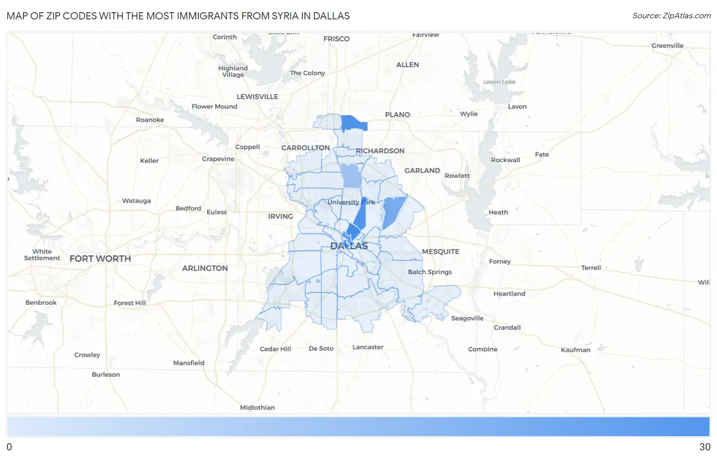 Zip Codes with the Most Immigrants from Syria in Dallas Map