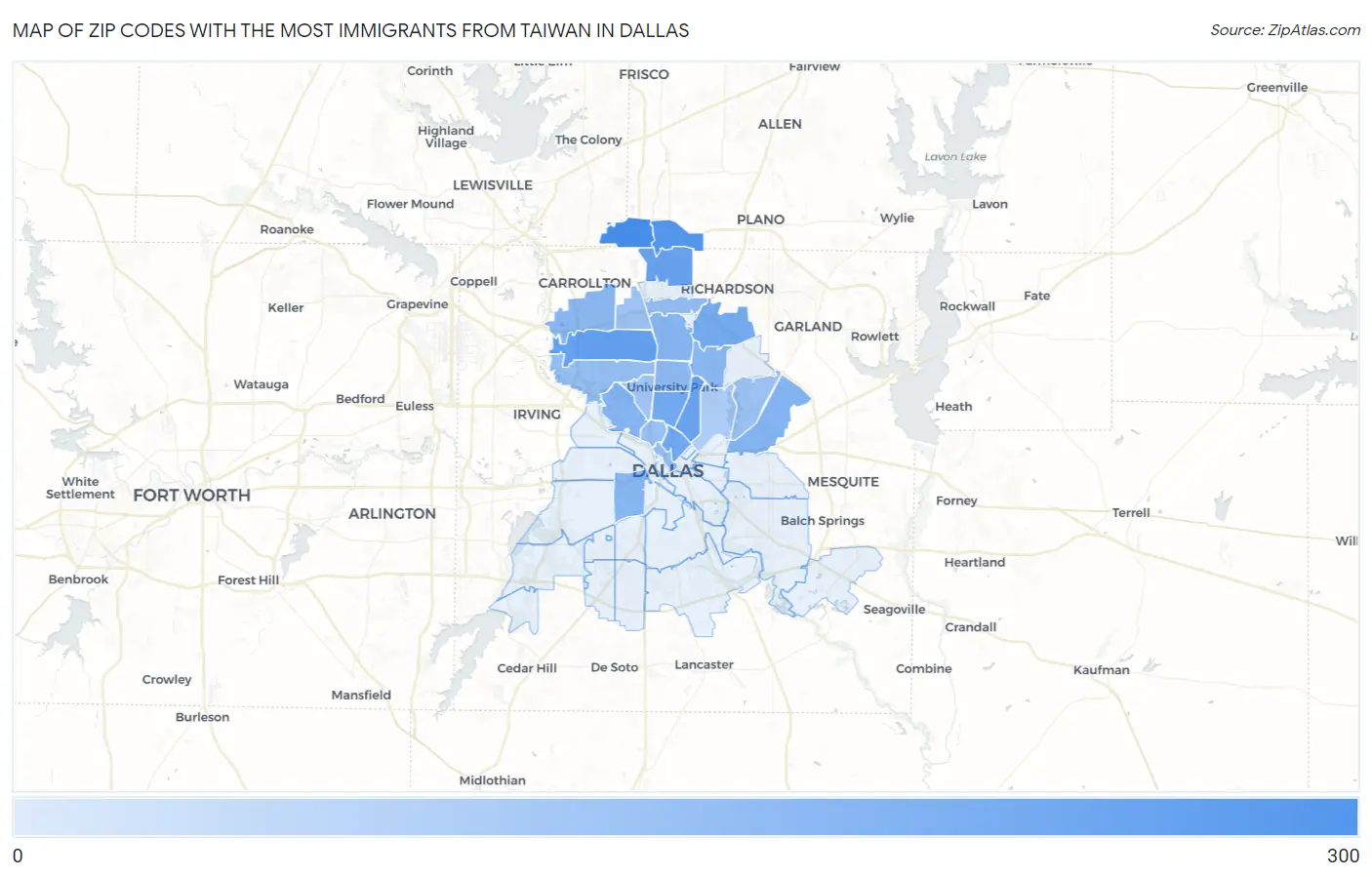 Zip Codes with the Most Immigrants from Taiwan in Dallas Map
