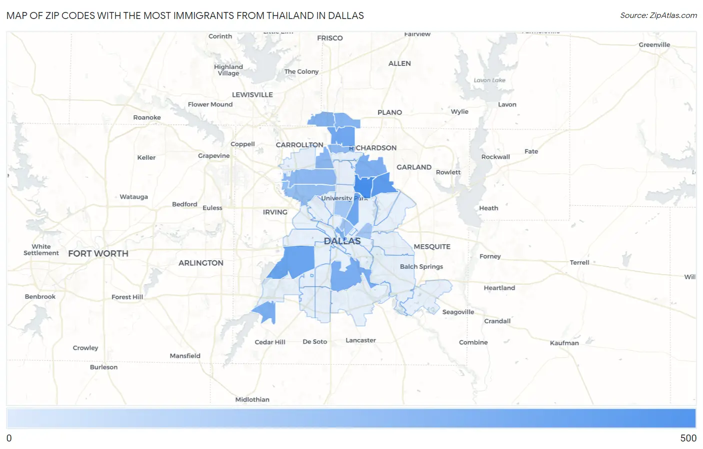 Zip Codes with the Most Immigrants from Thailand in Dallas Map