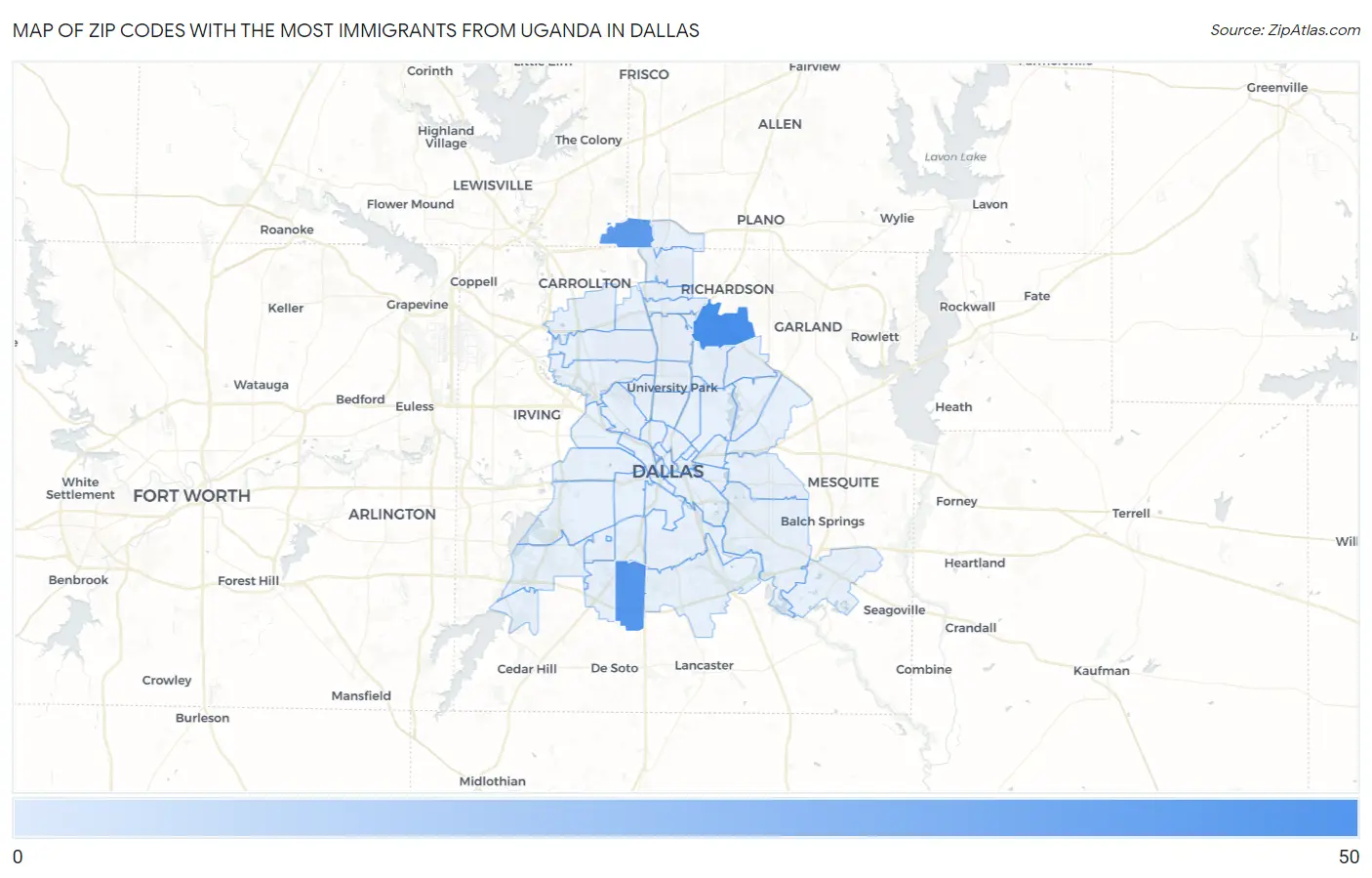 Zip Codes with the Most Immigrants from Uganda in Dallas Map