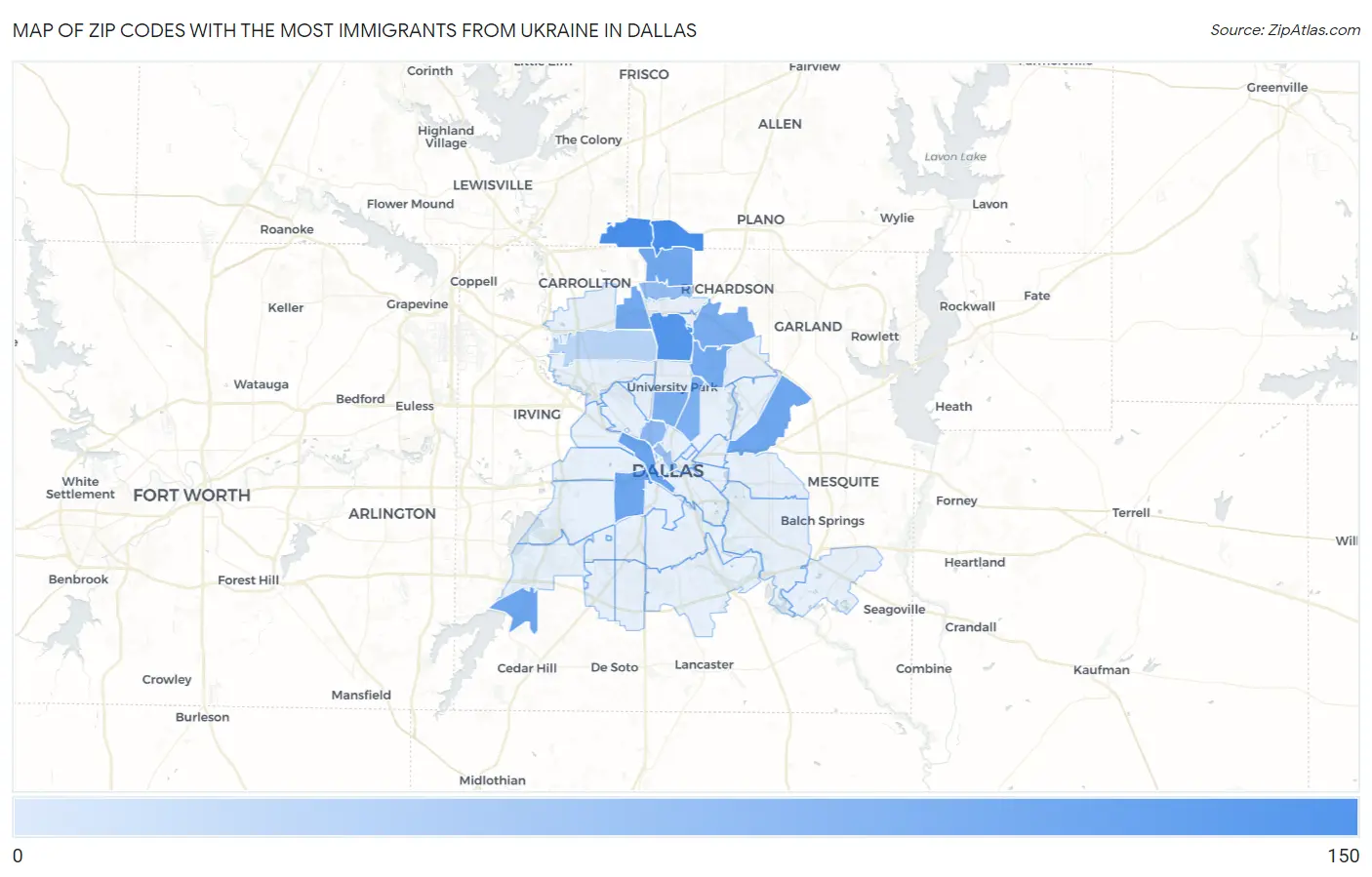 Zip Codes with the Most Immigrants from Ukraine in Dallas Map