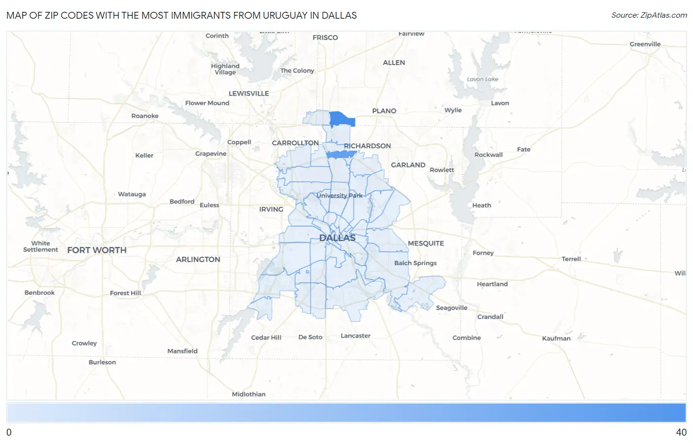 Zip Codes with the Most Immigrants from Uruguay in Dallas Map