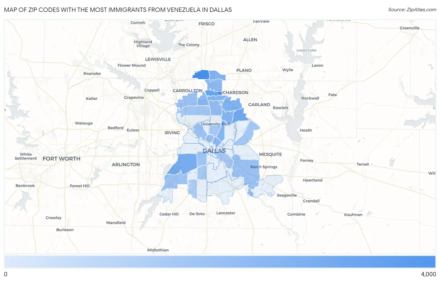 Zip Codes with the Most Immigrants from Venezuela in Dallas Map