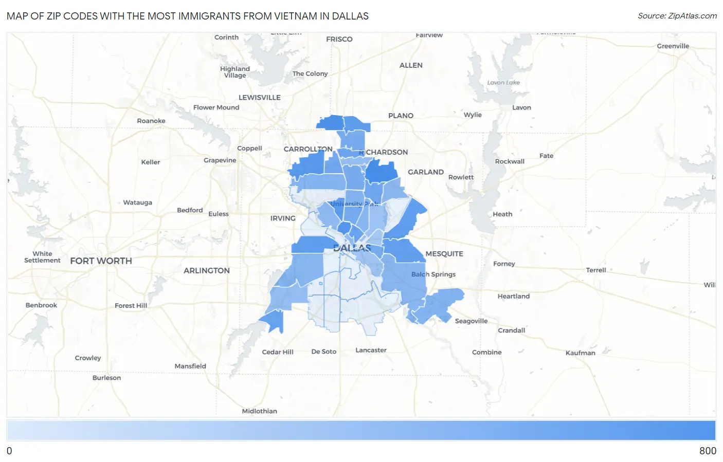 Zip Codes with the Most Immigrants from Vietnam in Dallas Map