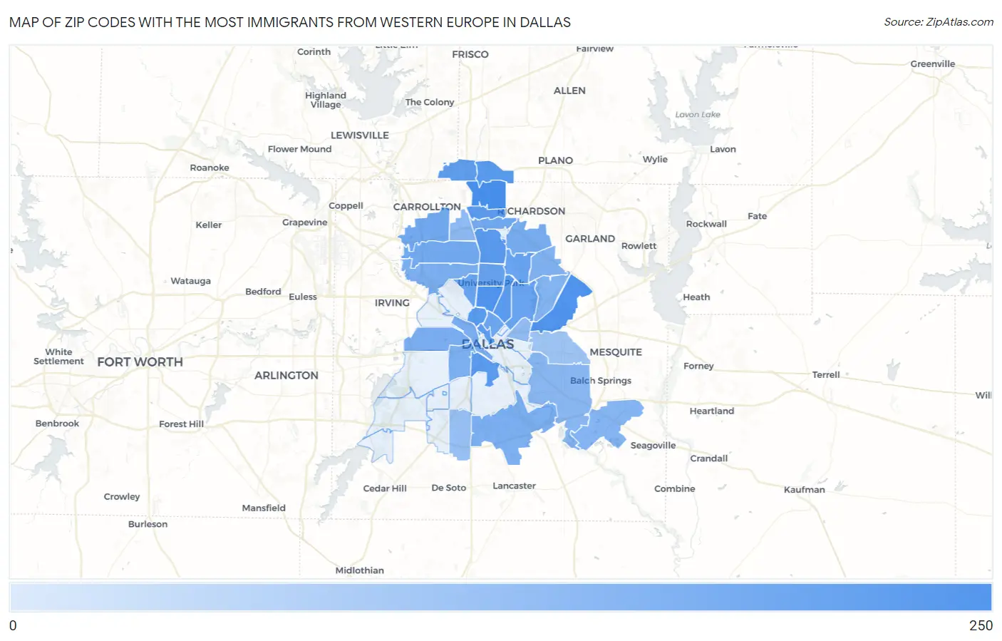 Zip Codes with the Most Immigrants from Western Europe in Dallas Map