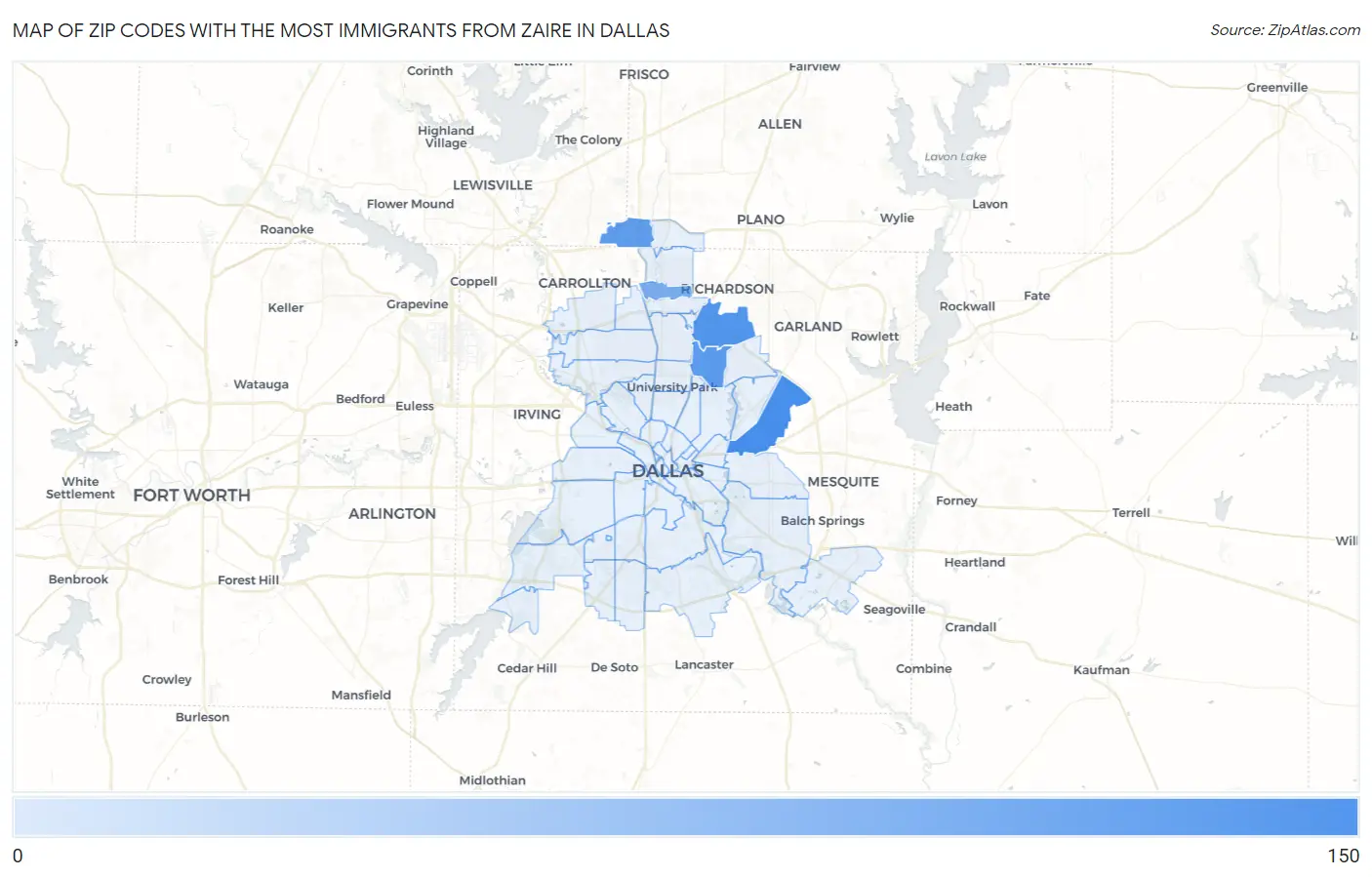 Zip Codes with the Most Immigrants from Zaire in Dallas Map