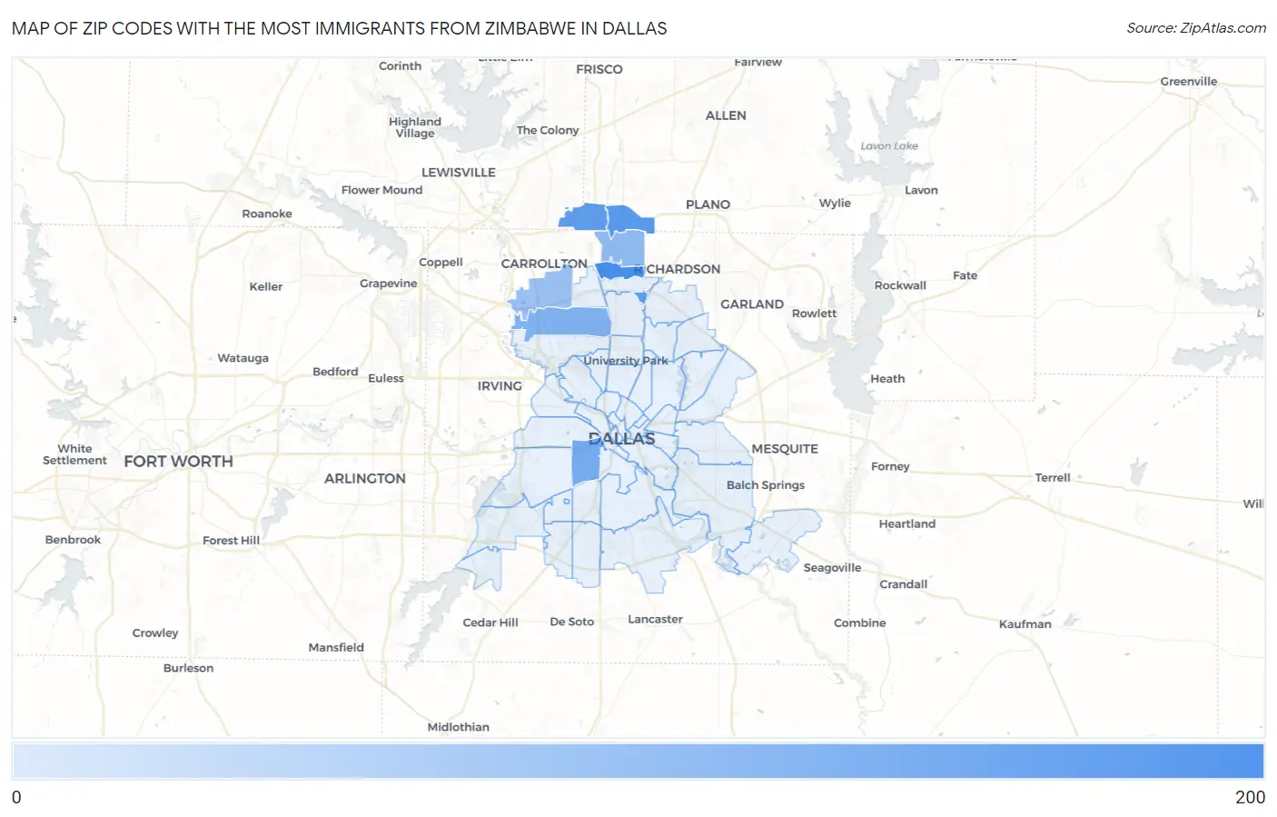 Zip Codes with the Most Immigrants from Zimbabwe in Dallas Map
