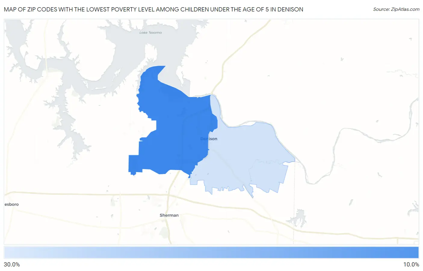 Zip Codes with the Lowest Poverty Level Among Children Under the Age of 5 in Denison Map