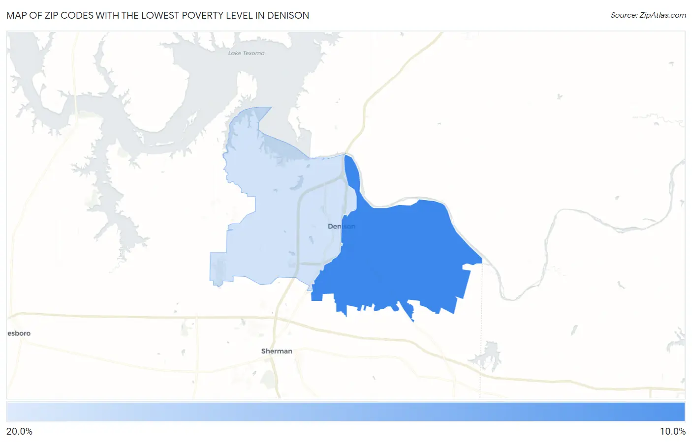 Zip Codes with the Lowest Poverty Level in Denison Map
