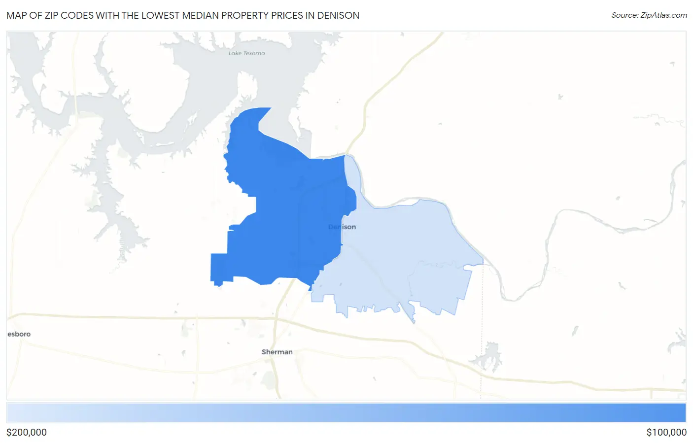 Zip Codes with the Lowest Median Property Prices in Denison Map