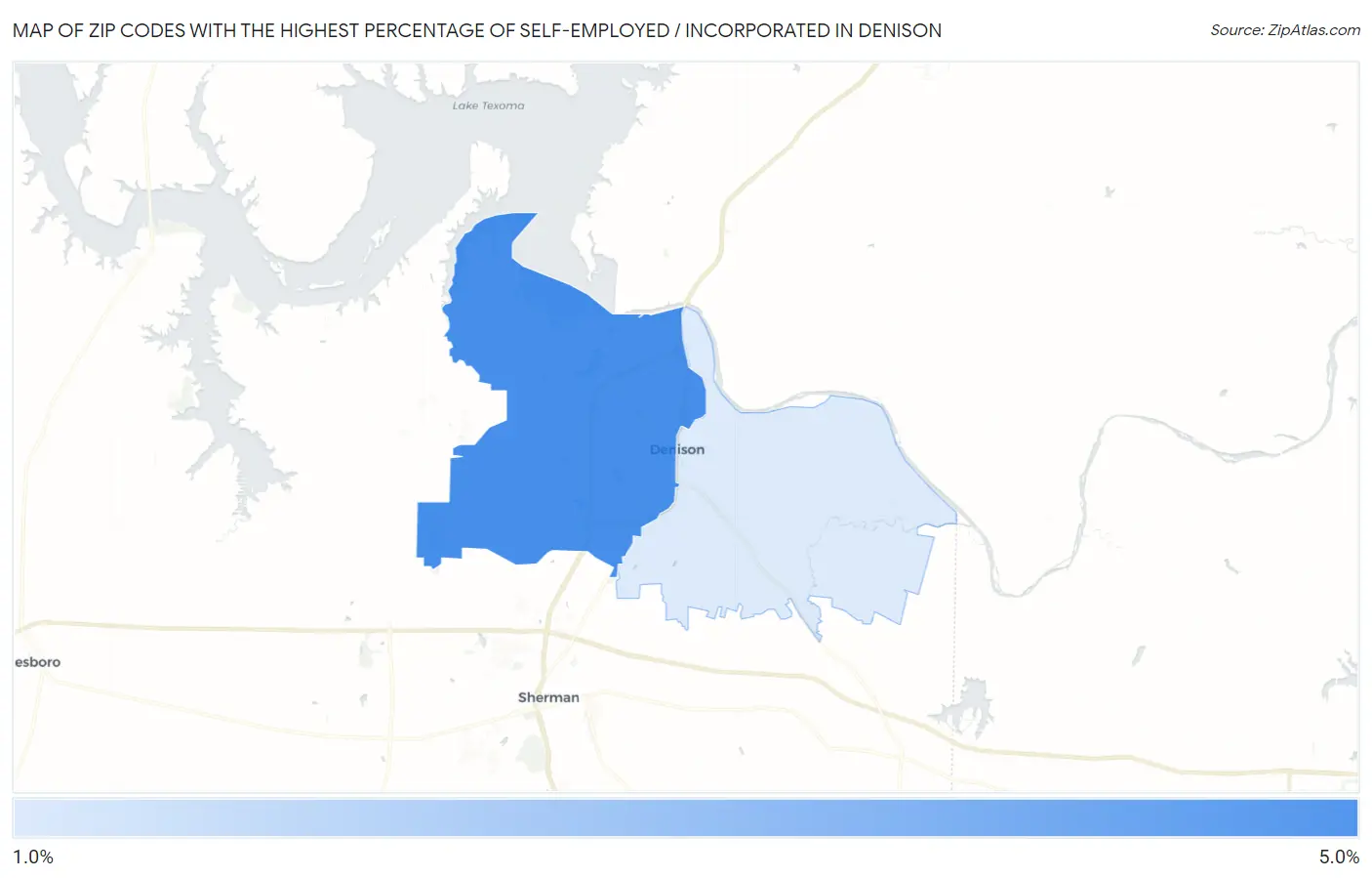 Zip Codes with the Highest Percentage of Self-Employed / Incorporated in Denison Map