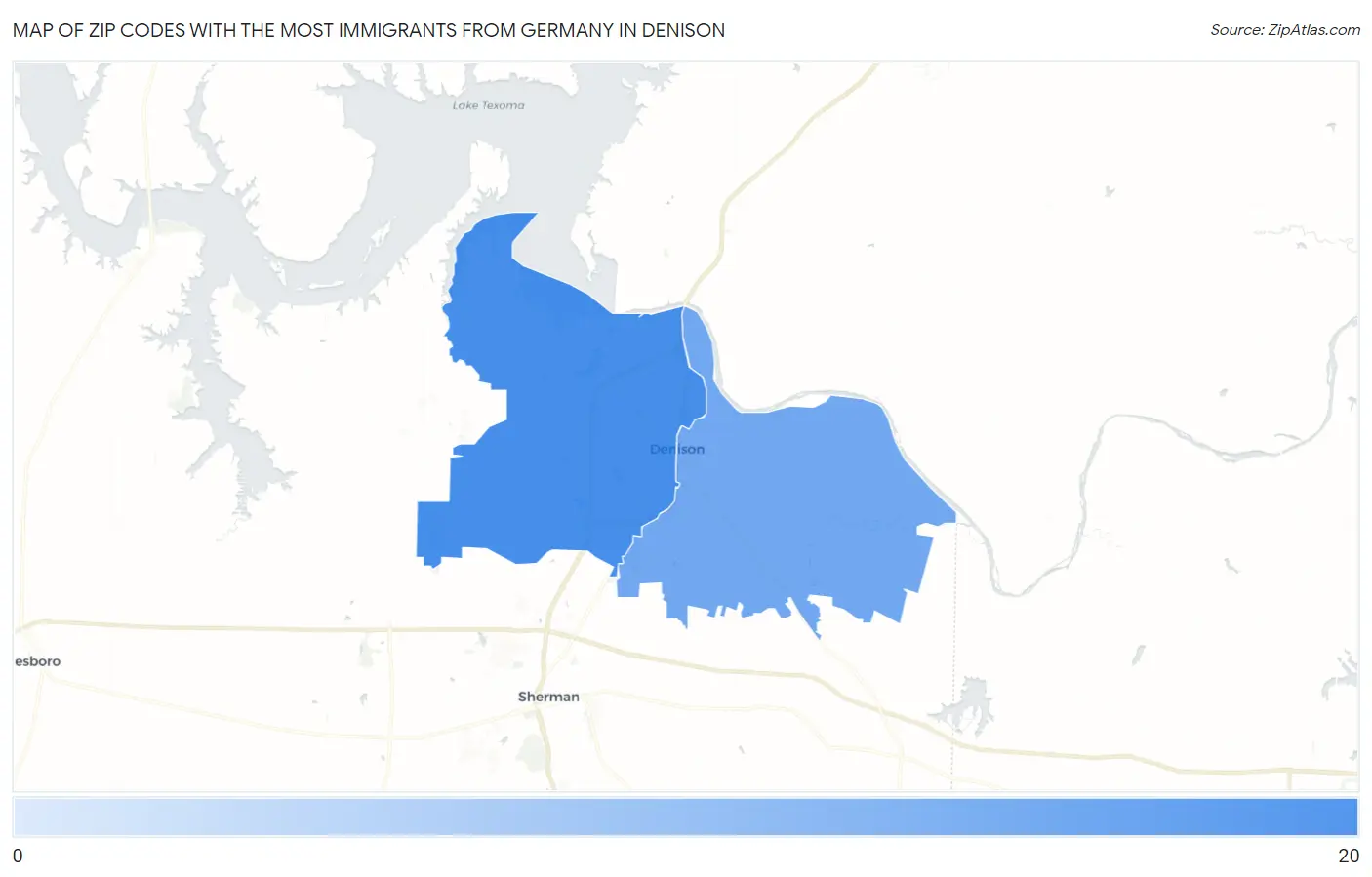 Zip Codes with the Most Immigrants from Germany in Denison Map